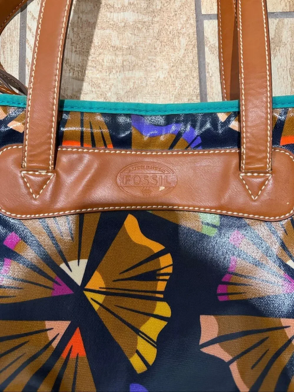 Fossil Long Live Vintage Abstract Tote Bag Coated Canvas Multicolor Leather
